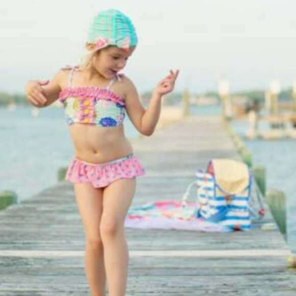 Matilda Jane | Aqua & Pink Floral Cannonball & Seashells Bikini Set | Size 4 - Picture 2 of 12